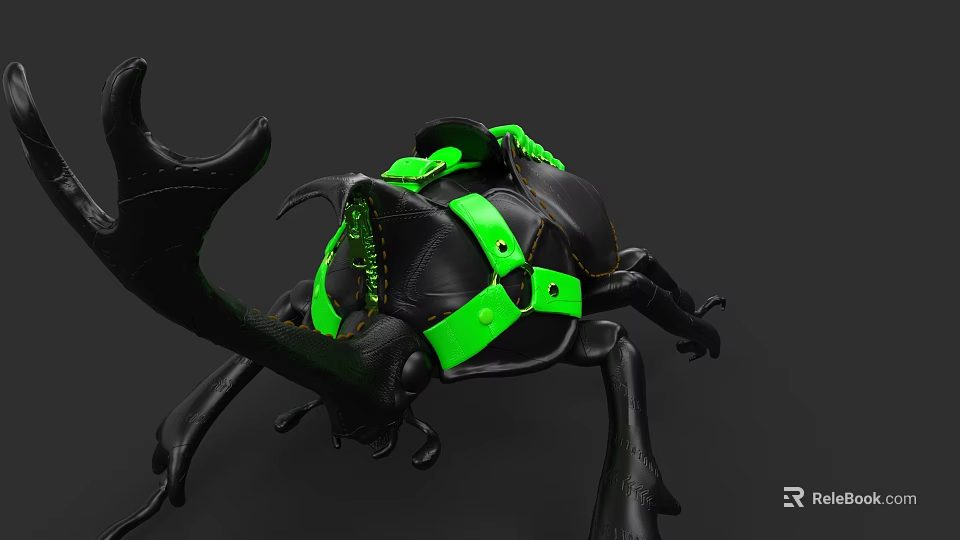 Black Leather Shoes With Green Straps And Unique Beetle Inspired Design 3d model 