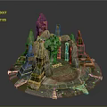 3D Fantasy Landscape with Rock Spires Golden Accents and Circular Platform