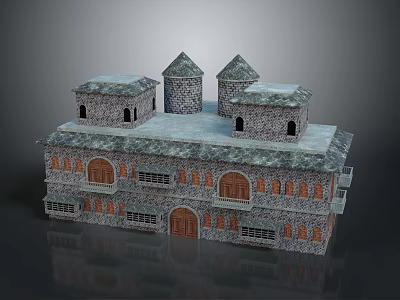 Medieval Castle Style Stone Building With Pointed Towers Arched Doors And Windows 3d model