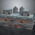Medieval Castle Style Stone Building With Pointed Towers Arched Doors And Windows