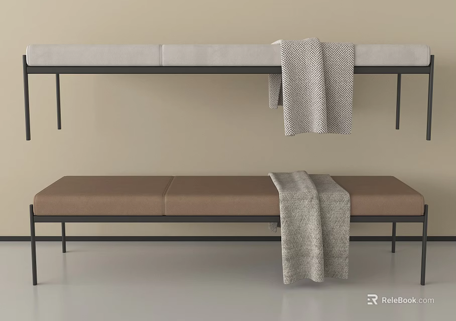 Modern Bed Bench with Black Metal Frame Light Gray and Brown Cushions and Gray Blanket 3d model 