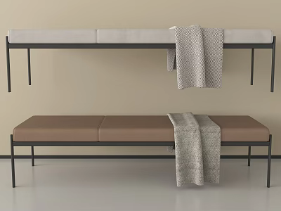 Modern Bed Bench with Black Metal Frame Light Gray and Brown Cushions and Gray Blanket 3d model