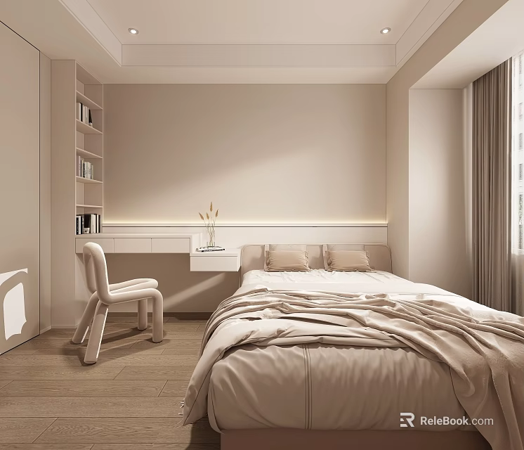 Cozy Kids Room Interior With Beige Walls Wooden Floor Bed Desk Chair And Bookshelf Curtains 3d model 
