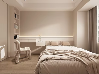 Cozy Kids Room Interior With Beige Walls Wooden Floor Bed Desk Chair And Bookshelf Curtains 3d model