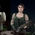 Brave Female Adventurer in Green Vest Holding Axe Among Fern Plants and Forest Creatures