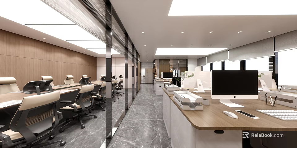 Modern Public Office Space With Workstations Computers Glass Partitions And Wooden Elements 3d model