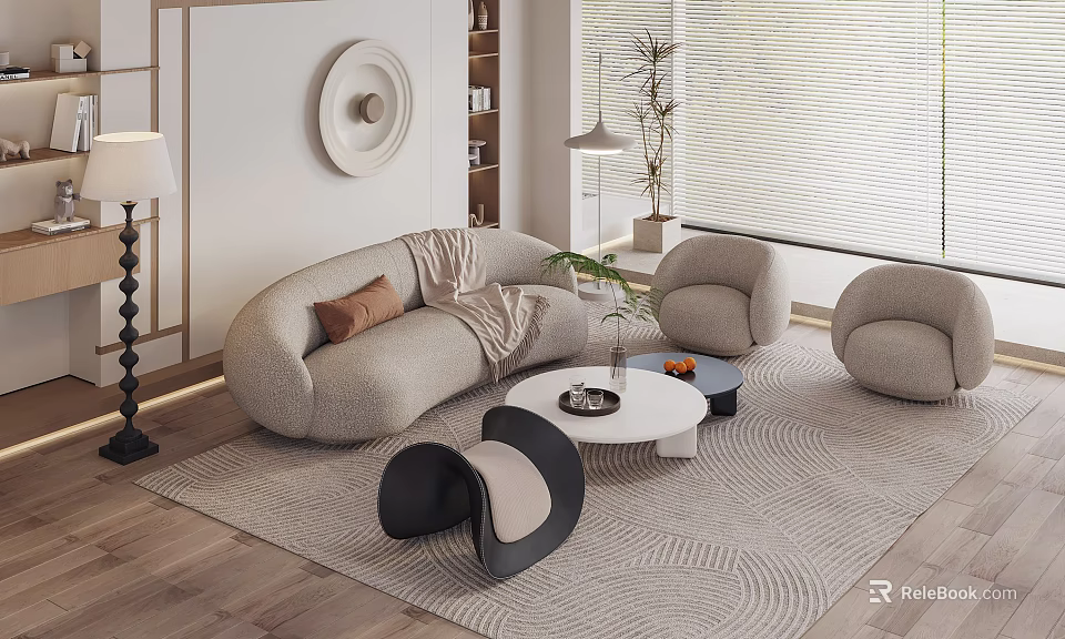 Cozy Modern Sofa And Coffee Table Set With Light Gray Armchairs Rug And Decorative Plant 3d model 