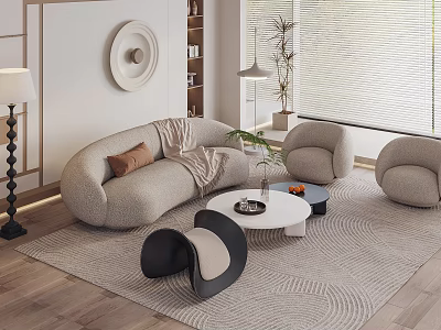 Cozy Modern Sofa And Coffee Table Set With Light Gray Armchairs Rug And Decorative Plant 3d model