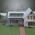Single Family House With White Exterior Gabled Roof Green Lawn And Red Brick Pathway