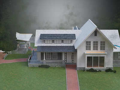 Single Family House With White Exterior Gabled Roof Green Lawn And Red Brick Pathway 3d model