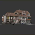 Multi Gable Traditional Half Timbered Building Model With Red Tile Roof And Green Windows