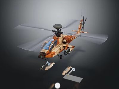 Military Helicopter Model with Tan Beige Paint Detailed Rotors Cockpit and Weapon Attachments 3d model