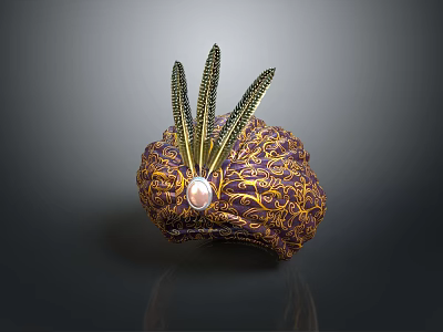 Ornate Decorative Hat With Green Feathers Gold Patterns And Central Pink Gemstone 3d model