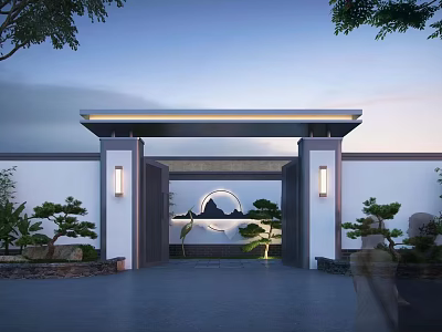 Traditional Chinese Style Building Exterior Wall With Eave Lantern Lights And Green Plants 3d model