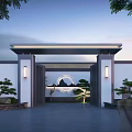 Traditional Chinese Style Building Exterior Wall With Eave Lantern Lights And Green Plants