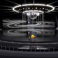Modern Stage Setup With PEVON Sign Circular Light Installation Wavy Background And Yellow Motorcycle