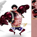 Anime Character With Gigantic Red Arms Muscular Body And White Smoke Energy In Battle Stance