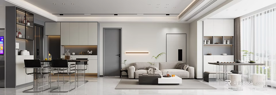 Modern Living and Dining Area Interior With Beige Sofa Coffee Table Dining Set And Lighting 3d model