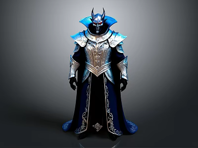 Fantasy Character In Blue Silver Armor With Spiked Helmet Red Eyes And Golden Cloak 3d model