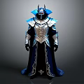 Fantasy Character In Blue Silver Armor With Spiked Helmet Red Eyes And Golden Cloak