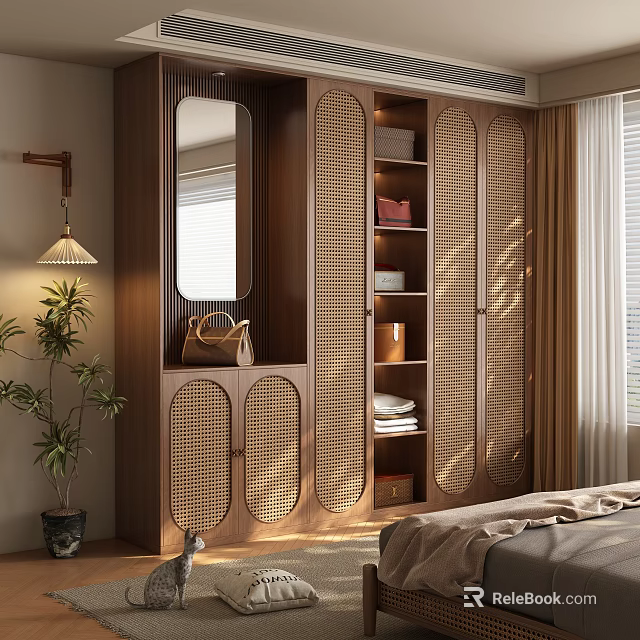 Modern Natural Wooden Wardrobe With Rattan Doors Mirror And Storage Shelves Interior Design 3d model 