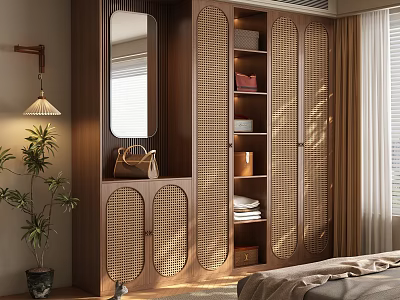 Modern Natural Wooden Wardrobe With Rattan Doors Mirror And Storage Shelves Interior Design 3d model