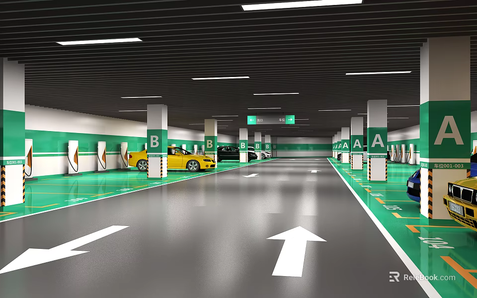 Modern Parking Lot With Green And White Pillars Directional Arrows Yellow Cars And Ceiling Lights 3d model 