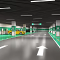 Modern Parking Lot With Green And White Pillars Directional Arrows Yellow Cars And Ceiling Lights