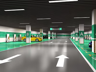 Modern Parking Lot With Green And White Pillars Directional Arrows Yellow Cars And Ceiling Lights 3d model
