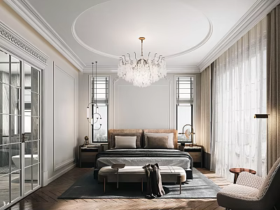 Elegant Modern Bedroom Interior With Crystal Chandelier Bed Nightstands And Curtains 3d model