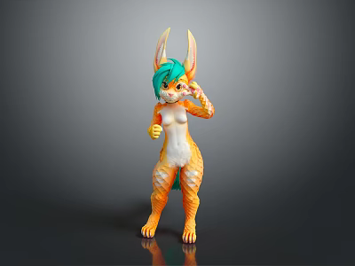 Rabbit Eared Green Haired Game Movie Character With Orange White Body And Standing Claw Features 3d model