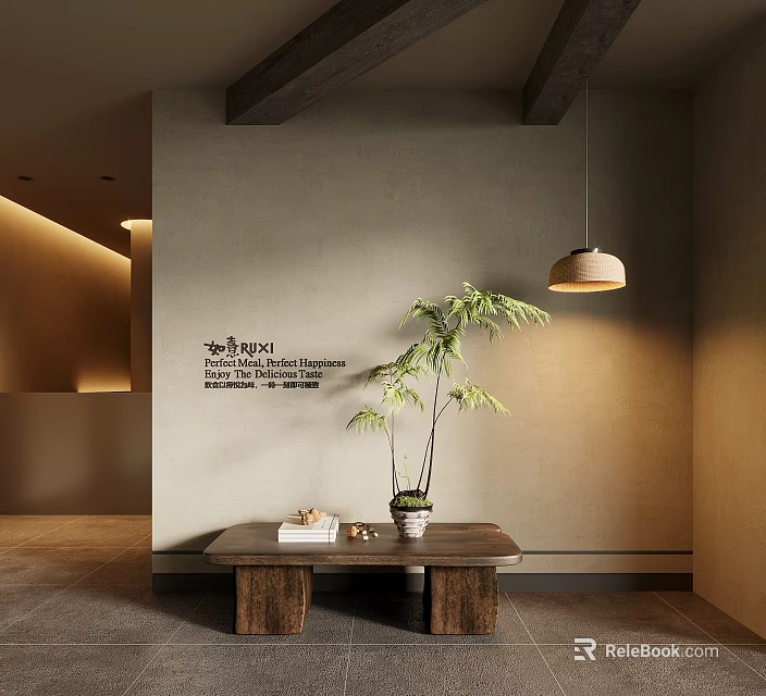 Natural Minimalist Interior With Light Wall Rituals Text Wooden Table Potted Plant And Books 3d model 