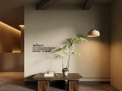 Natural Minimalist Interior With Light Wall Rituals Text Wooden Table Potted Plant And Books 3d model