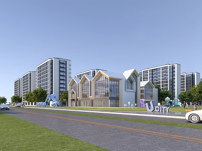 Modern School Building With Multi story Structures Front Lawn Trees And Kids Play Elements 3d model