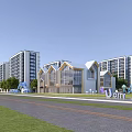 Modern School Building With Multi story Structures Front Lawn Trees And Kids Play Elements