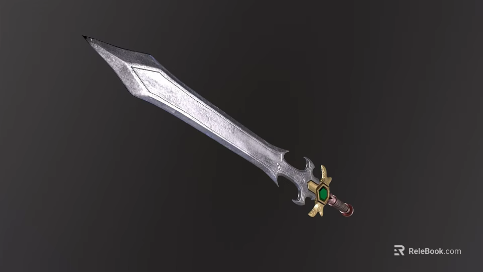 Metallic Decorative Sword With Sharp Blade Green Gemstone Hilt And Gold Accents 3d model 