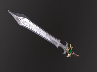 Metallic Decorative Sword With Sharp Blade Green Gemstone Hilt And Gold Accents 3d model