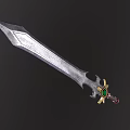 Metallic Decorative Sword With Sharp Blade Green Gemstone Hilt And Gold Accents