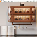 Wooden Kitchen Wall Cabinet With Glass Doors Holding Storage Jars And Hanging Mugs