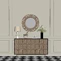 Elegant Entryway Cabinet Sideboard With Carved Design Ornate Mirror Table Lamp And White Flower Vase