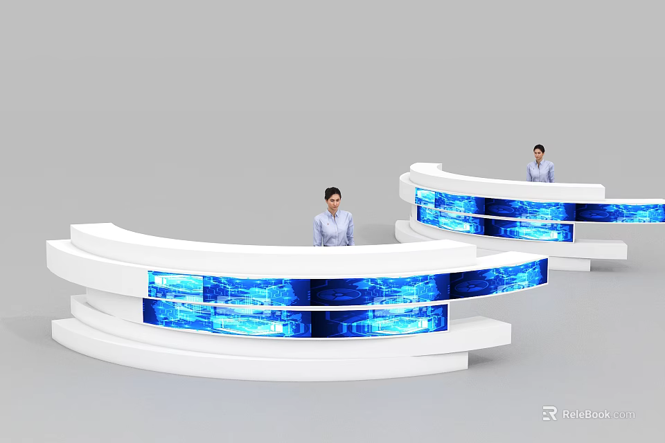 Modern White Curved Reception Desks With Blue Illuminated Panels And Staff 3d model 