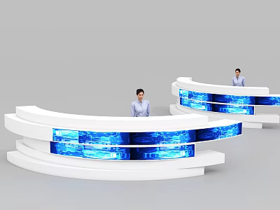 Modern White Curved Reception Desks With Blue Illuminated Panels And Staff 3d model