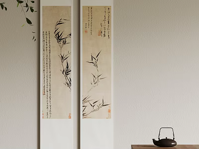 Traditional Chinese Bamboo Ink Paintings on Scrolls with Teapot Nearby Wall 3d model