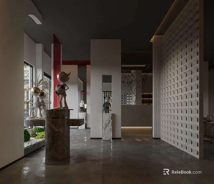 Modern Interior Design With Sculpture Marble Elements Green Plants Perforated Wall And Windows 3d model