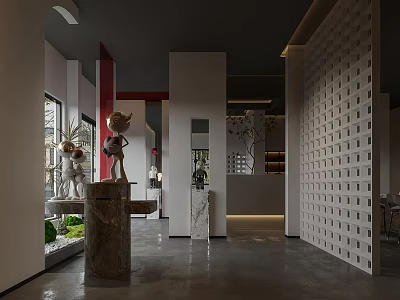 Modern Interior Design With Sculpture Marble Elements Green Plants Perforated Wall And Windows 3d model
