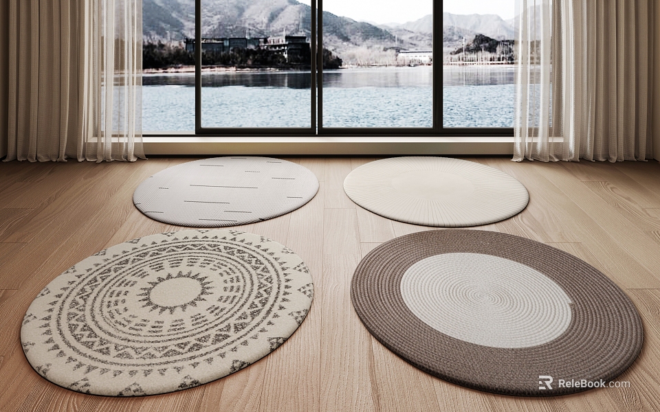Round Rugs With Woven Patterns In Bright Room Wooden Floor Large Windows Lake Mountain View 3d model 