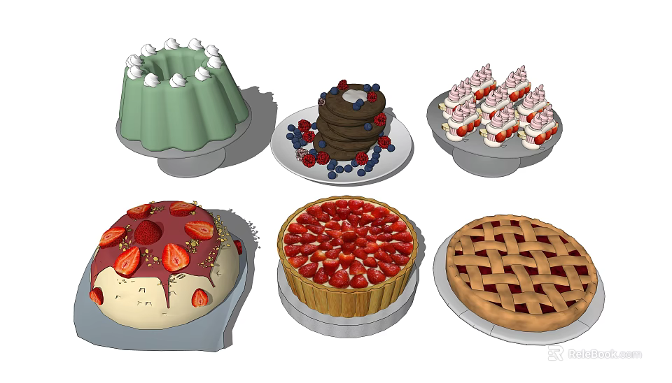 Assorted Desserts Display With Jelly Cake Chocolate Cake Strawberry Cupcakes Fruit Pie And Fresh Toppings 3d model 