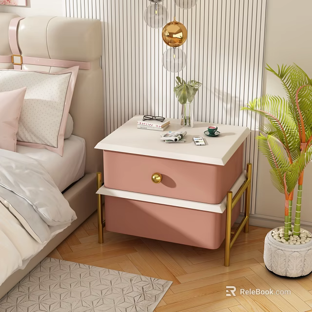 Pink Nightstand with White Top Gold Legs Handle and Tabletop Books Phone Green Plant Vase 3d model 