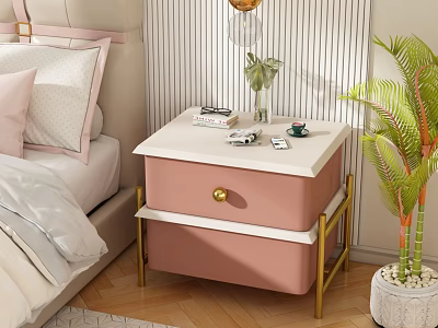 Pink Nightstand with White Top Gold Legs Handle and Tabletop Books Phone Green Plant Vase 3d model
