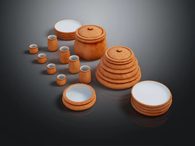 Brown Pottery Jars Plates With Lids Stacked Arranged On Black Background 3d model